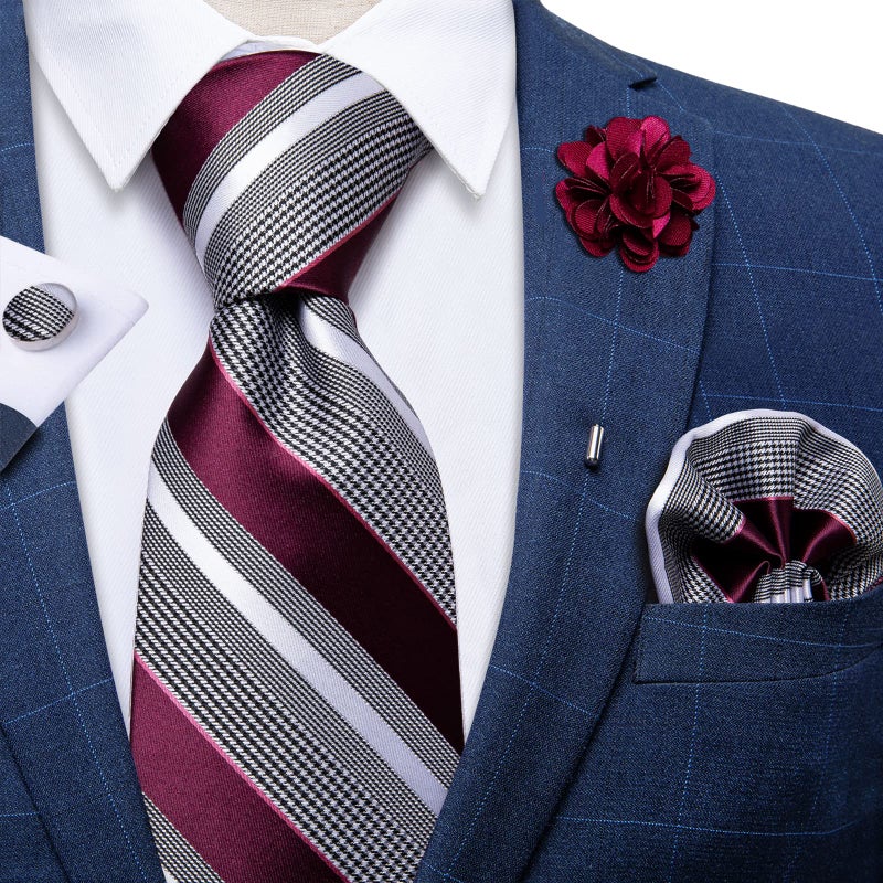 DiBanGu Silk Ties for Men Necktie and Lapel Pin Brooch Set Formal Woven Paisley Plaid Striped Solid Tie Wedding Party, Burgundy and Grey - Image 3